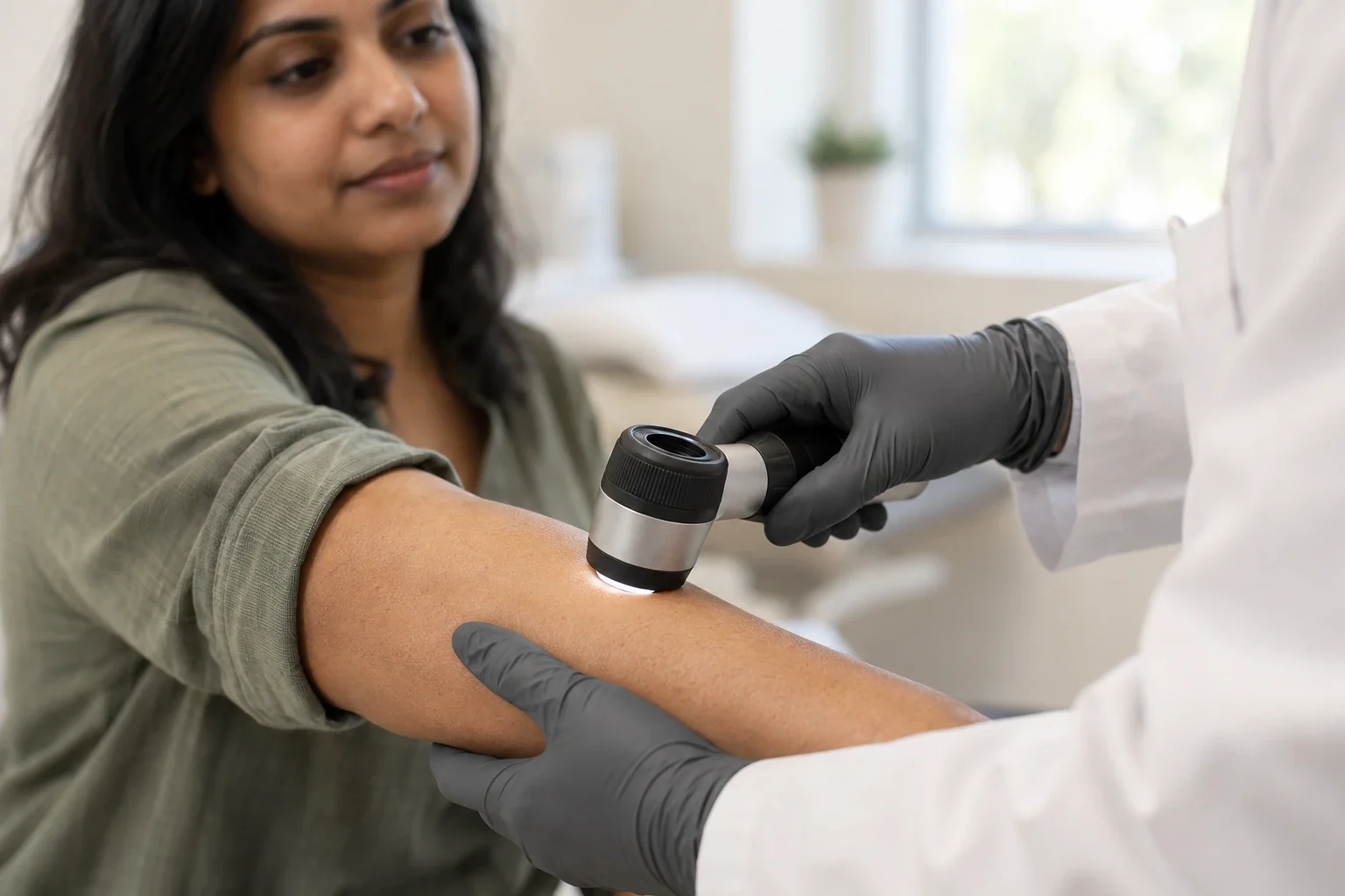 Dermatologist examining skin with a dermatoscope